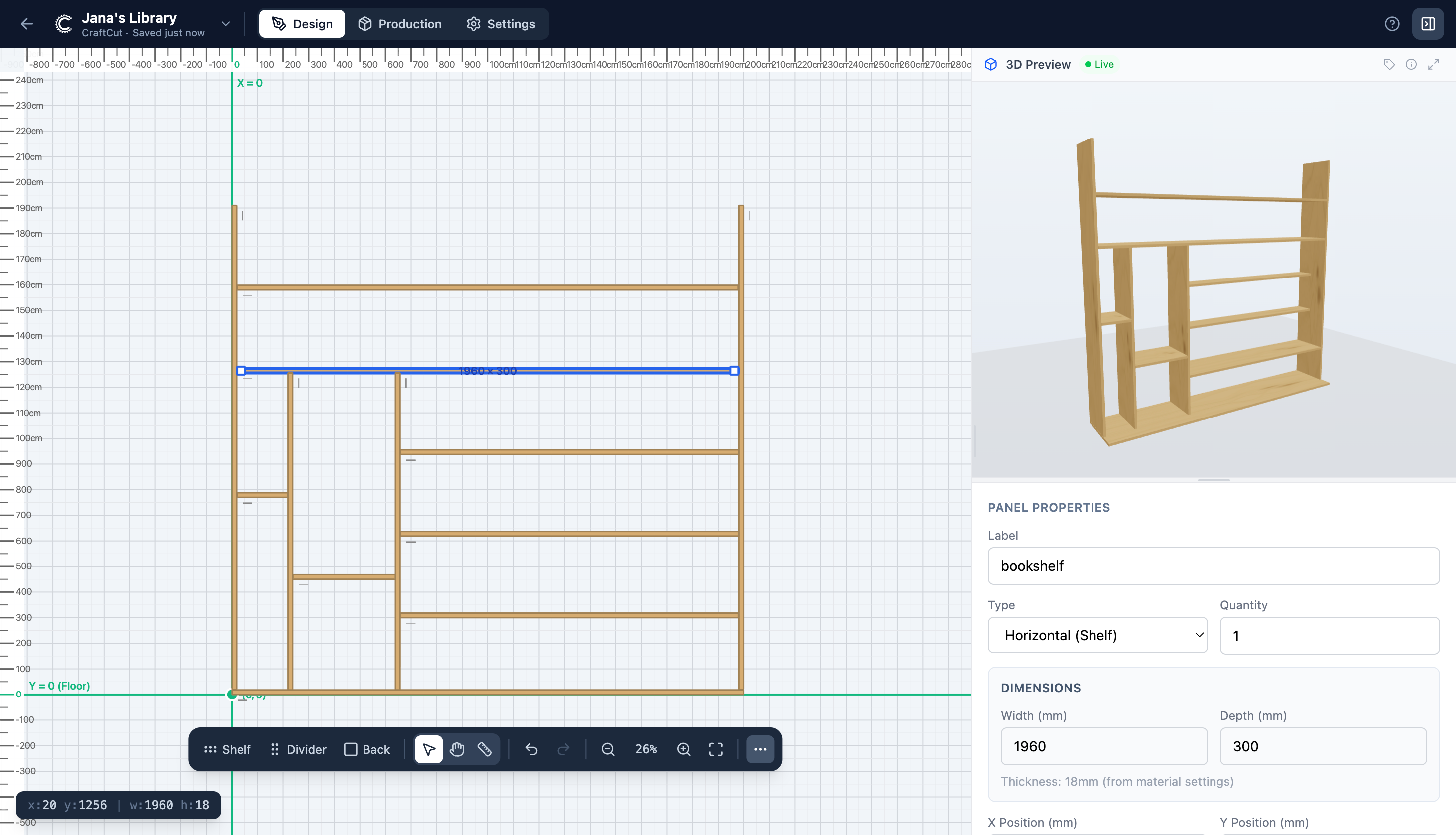CraftCut editor showing a custom cabinet being designed on a visual canvas with panel dimensions